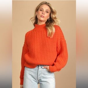 Lulus Bright and Ready Orange Knit Mock Neck Pullover Sweater